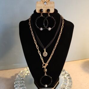 Pink Panache - Earrings And Two Necklaces Black Crystals On Brass Accent. NWT